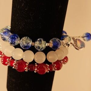 3 Patriotic Red, White & Blue Glass Beads wSilvertone Accents Stretch Bracelets.